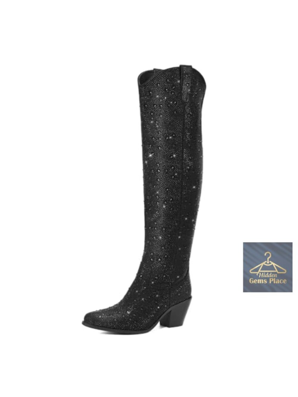 Over the Knee Rhinestone Cowgirl Boots Pointed Toe Block Heel Women